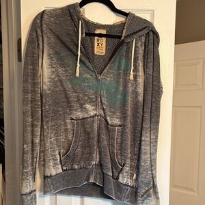 Roxy Heather Gray Zip Hoodie with Teal Graphic